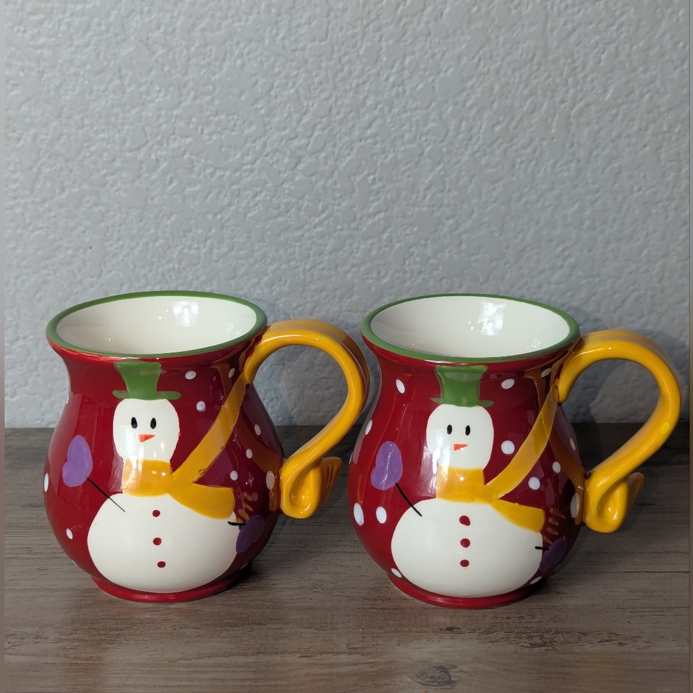 Pier 1 Imports  Christmas Snowman Coffee Mugs  Hand Painted Pair